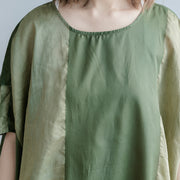 Elegante grün gestreifte Leinenmischkleider lässig O-Ausschnitt Baggy Kleider Leinenmischkleidung Kleid Vintage Fledermausärmel Patchwork Maxikleider