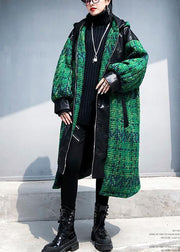 Elegant green woolen coats Loose fitting medium length coat patchwork hooded woolen outwear - SooLinen