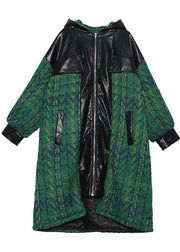 Elegant green woolen coats Loose fitting medium length coat patchwork hooded woolen outwear - SooLinen