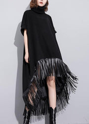 Elegant high neck tassel cotton Tunic Fabrics black Dresses - SooLinen
