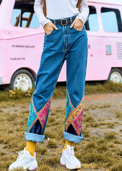 Elegant high waist pants fall fashion denim blue design patchwork pant - SooLinen