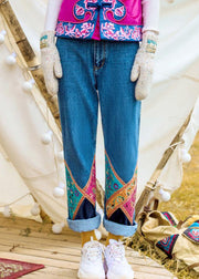 Elegant high waist pants fall fashion denim blue design patchwork pant - SooLinen