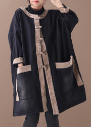 Elegant hooded Chinese Button Fashion clothes denim black patchwork khaki Plus Size Clothing coats - SooLinen