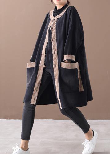 Elegant hooded Chinese Button Fashion clothes denim black patchwork khaki Plus Size Clothing coats - SooLinen