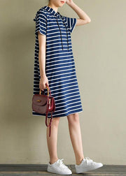 Elegant hooded drawstring Cotton quilting dresses Wardrobes navy striped Dresses summer - SooLinen