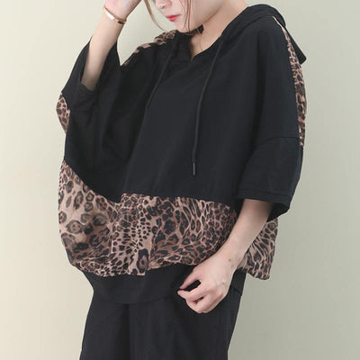 Elegant hooded patchwork cotton summer top design black shirt - SooLinen