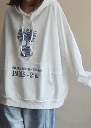 Elegant hooded patchwork cotton tunic top Sleeve white print tops - SooLinen
