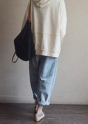 Elegant hooded patchwork cotton tunic top Sleeve white print tops - SooLinen