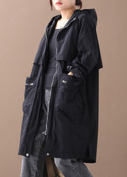 Elegant hooded zippered Plus Size coats women black women coats - SooLinen