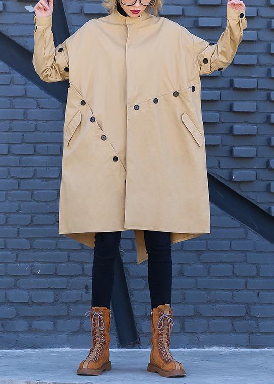 Elegant khaki Coat Women plus size medium length stand collar asymmetric coat - SooLinen