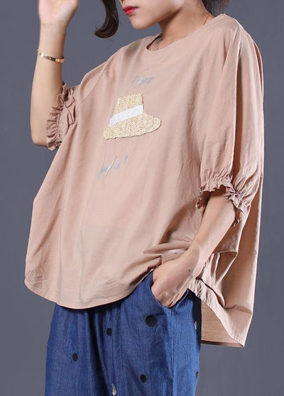 Elegant khaki cotton tunic top o neck silhouette summer blouses - SooLinen