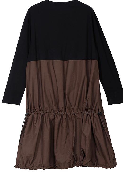 Elegant khaki fall Cartoon girl print cotton dress tassel long patchwork Dresses - SooLinen