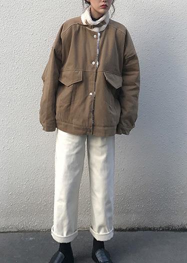 Elegant khaki women parka Loose fitting warm winter coat stand collar outwear thick - SooLinen