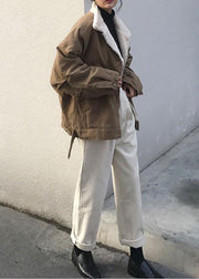 Elegant khaki women parka Loose fitting warm winter coat stand collar outwear thick - SooLinen