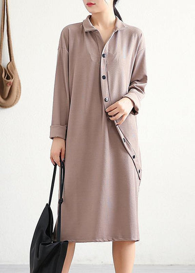 Elegant lapel asymmetric Cotton Wardrobes Sleeve khaki Dress - SooLinen