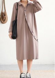 Elegant lapel asymmetric Cotton Wardrobes Sleeve khaki Dress - SooLinen