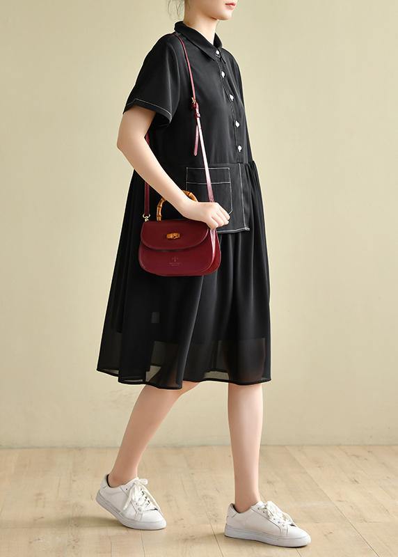 Elegant lapel patchwork tunics for women Wardrobes black Dress - SooLinen