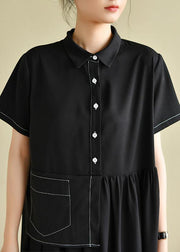 Elegant lapel patchwork tunics for women Wardrobes black Dress - SooLinen