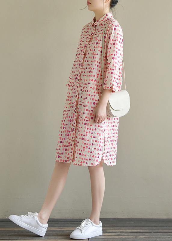 Elegant lapel pockets Cotton dress pink dotted Dress summer - SooLinen