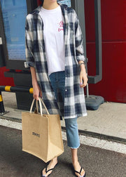 Elegant lapel pockets linen cotton tops women plaid baggy shirt - SooLinen