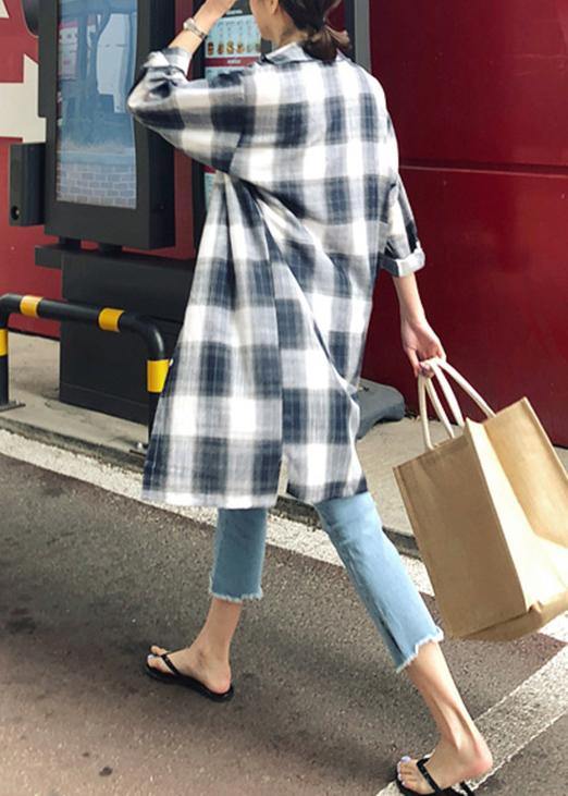 Elegant lapel pockets linen cotton tops women plaid baggy shirt - SooLinen