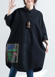 Elegant lapel print cotton tunic pattern Plus Size design black Knee shirts spring