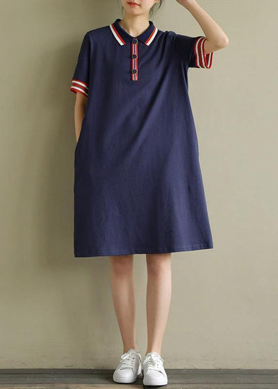 Elegant lapel short sleeve Cotton dresses Sewing navy Dresses summer - SooLinen