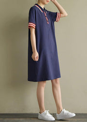 Elegant lapel short sleeve Cotton dresses Sewing navy Dresses summer - SooLinen