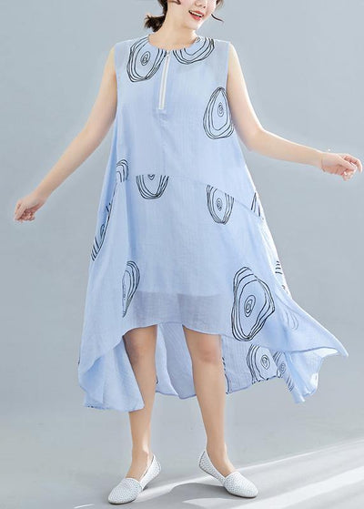 Elegant light blue print cotton dress sleeveless low high design loose summer Dresses - SooLinen