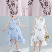 Elegant light blue print cotton dress sleeveless low high design loose summer Dresses - SooLinen