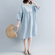 Elegant light blue pure cotton linen dress plus size linen cotton dress fine lantern sleeve Cinched o neck baggy dresses cotton linen dresses