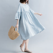 Elegant light blue pure cotton linen dress plus size linen cotton dress fine lantern sleeve Cinched o neck baggy dresses cotton linen dresses