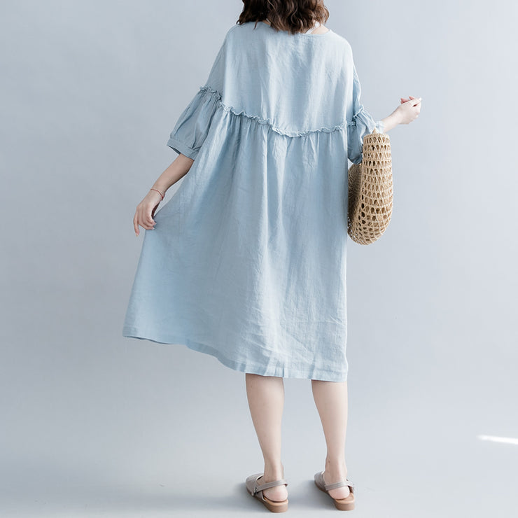 Elegantes hellblaues Leinen-Kleid aus reiner Baumwolle plus Größe Leinen-Baumwoll-Kleid mit feinen Laternenärmeln