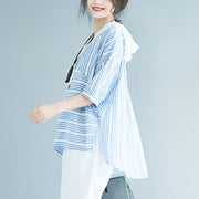 Elegant light blue striped cotton crane tops Boho Wardrobes hooded baggy low high design blouses