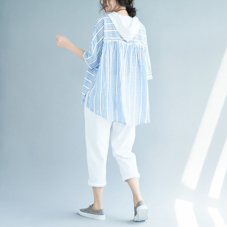 Elegant light blue striped cotton crane tops Boho Wardrobes hooded baggy low high design blouses