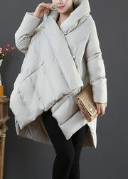 Elegant light gray goose Down coat plus size snow jackets hooded asymmetric Warm coats - SooLinen
