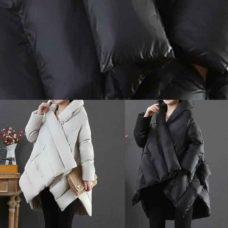 Elegant light gray goose Down coat plus size snow jackets hooded asymmetric Warm coats - SooLinen