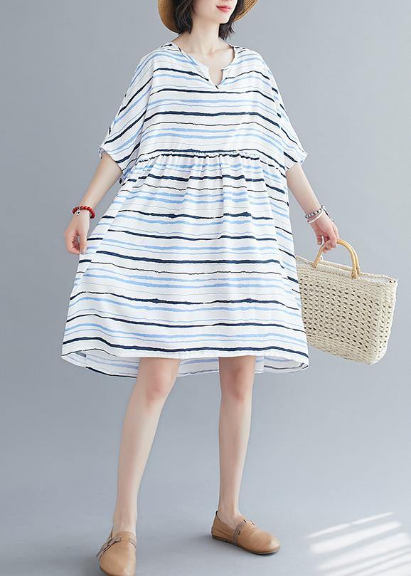 Elegant light pink striped dress o neck Plus Size summer Dresses - SooLinen