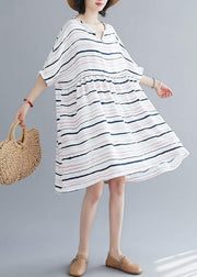 Elegant light pink striped dress o neck Plus Size summer Dresses - SooLinen
