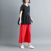 Elegant linen blouse plus size Pleated Summer Short Sleeve Round Neck Casual Black Tops