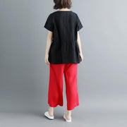 Elegant linen blouse plus size Pleated Summer Short Sleeve Round Neck Casual Black Tops