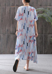 Elegant linen clothes fine Print Short Sleeve A-Line Round Neck Dress - SooLinen
