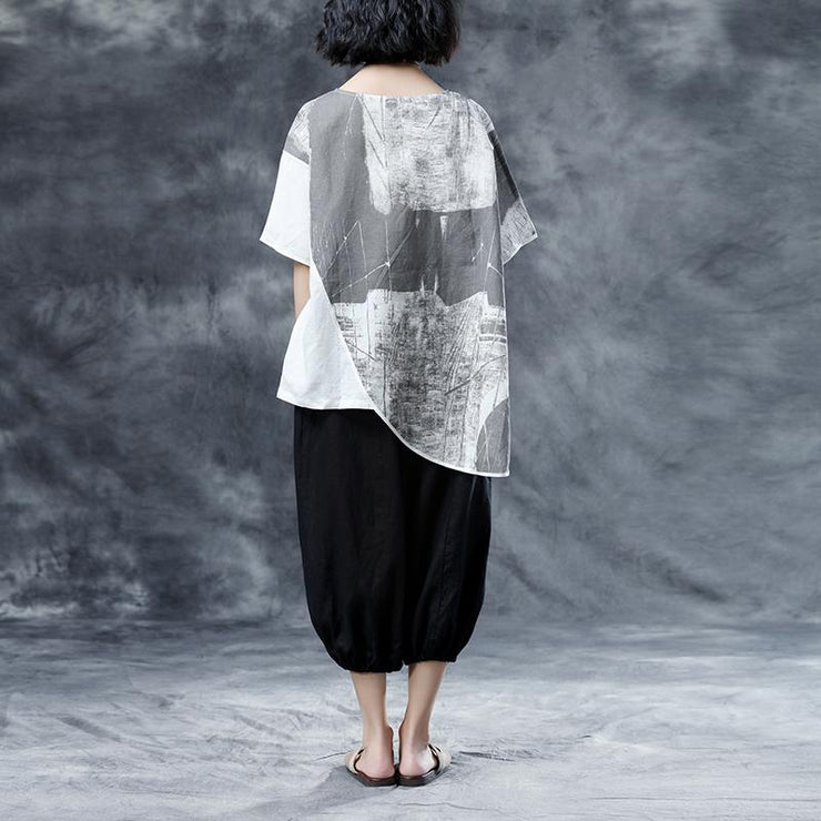 Elegant linen summer top casual Short Sleeve Abstract Pattern White Summer Blouses Shirts