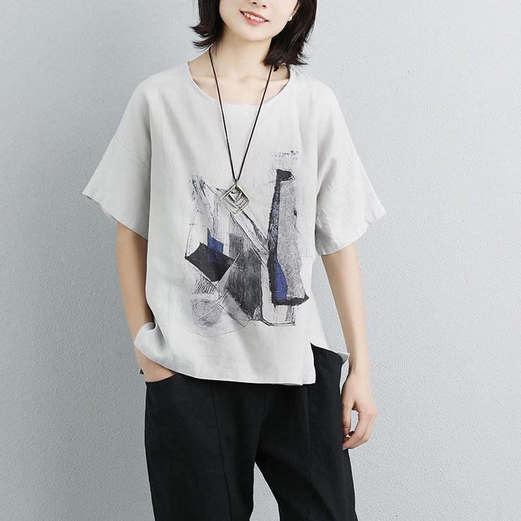 Elegant linen tops plus size Casual Printed Round Neck Short Sleeve Gray T-shirt