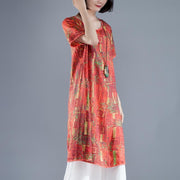 Elegant long linen dress plus size clothing Short Sleeve slit Summer Printed Casual Dress