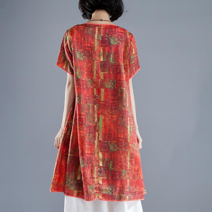 Elegant long linen dress plus size clothing Short Sleeve slit Summer Printed Casual Dress