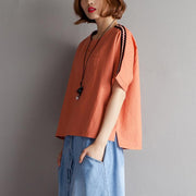 Elegantes T-Shirt aus natürlichem Baumwoll-Leinen plus Größe Sommer-Kurzarm-Orange-Bluse mit hohem und niedrigem Saum