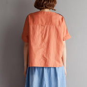 Elegant natural cotton linen t shirt plus size High-low Hem Summer Short Sleeve Orange Blouse