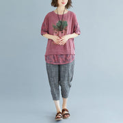 Elegant natural linen t shirt Loose fitting Summer Embroidery Short Sleeve Slit Pink Blouse