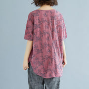 Elegant natural linen t shirt Loose fitting Summer Embroidery Short Sleeve Slit Pink Blouse